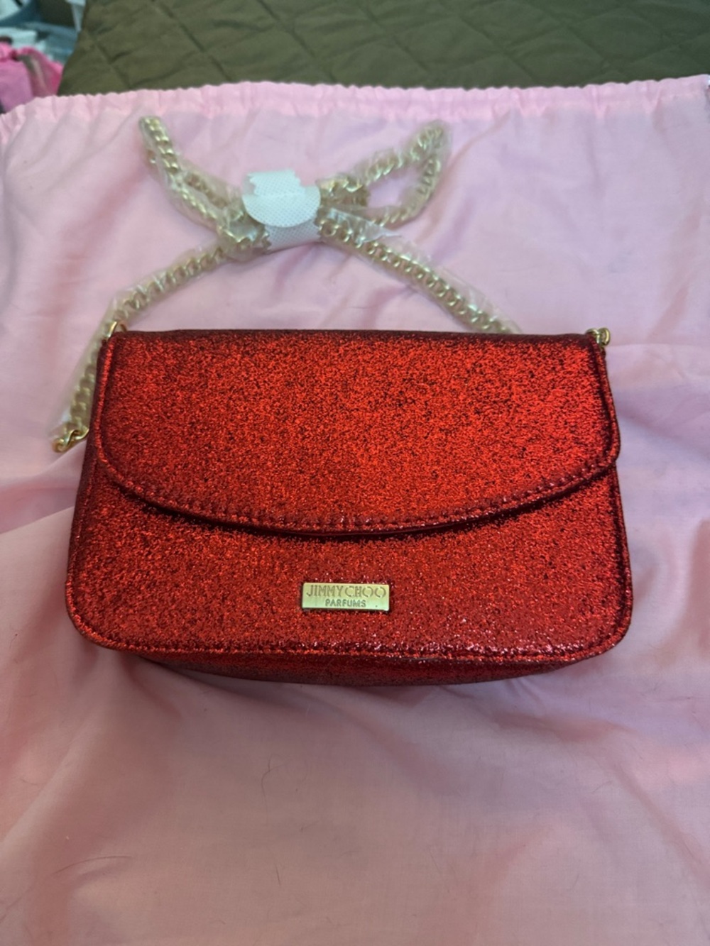 Jimmy Choo Red Glitter Flap Crossbody with Gold Chain